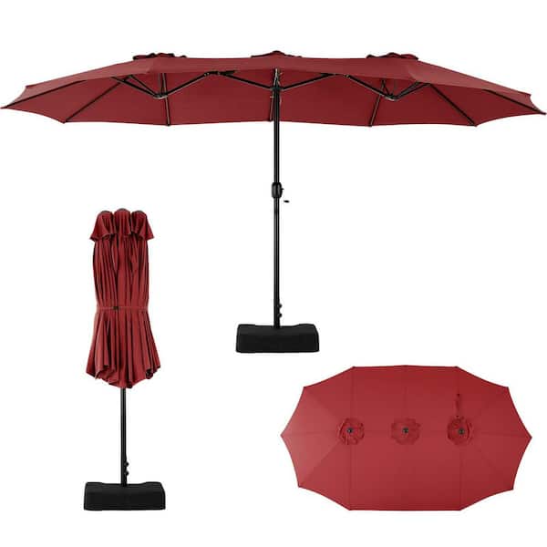 Tenleaf 15 ft. Metal Market Patio Umbrella in Red with Base for Deck,  Market, Backyard B83BGY
