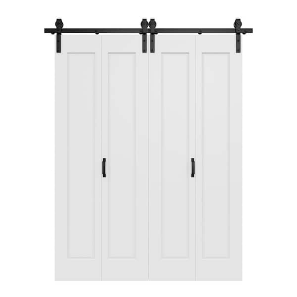 64 in. x 84 in. Paneled 1-Lite White Primed Hollow Core MDF Composite Bi-fold Door with Bifold Barn Door Hardware