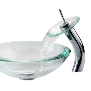 34 mm Edge Glass Vessel Sink in Clear with Waterfall Faucet in Chrome