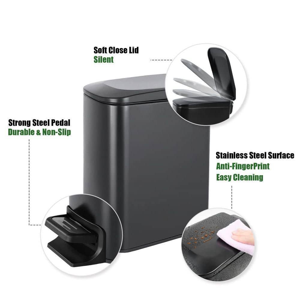 Matt Black Stainless Steel Pedal Trash Can with Soft Close Lid