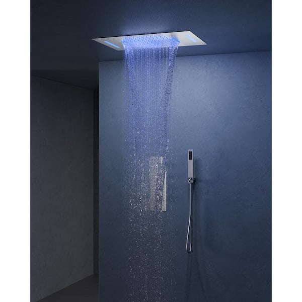 EVERSTEIN 23 in. L x 15 in. W 7-Spray Patterns LED Waterfall Dual Ceiling Mount and Handheld Shower Head in Brushed Nickel
