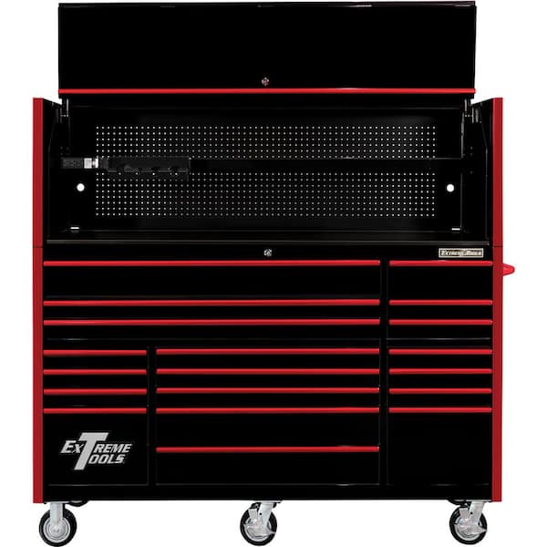 Extreme Tools RX Series Professional 72 in. W Hutch and 19-Drawer Roller Cabinet Combo, 150 lbs. Slides, Black with Red Drawer Pulls