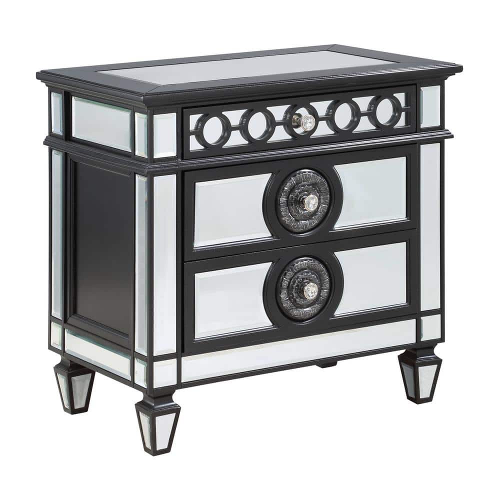 Elegant Black and Silver 3-Drawer Nightstand with Crystal Knobs