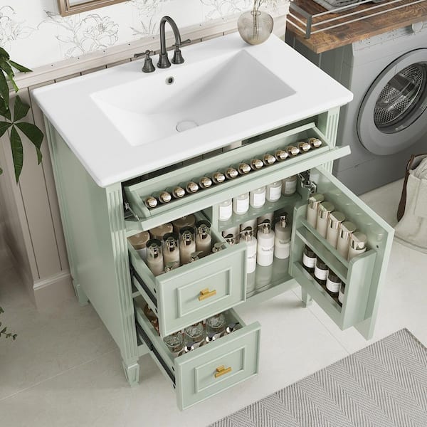 30 in. Freestanding Green Bath Vanity Solid Frame Bathroom Cabinet with White Ceramic Basin Top and One Flip Drawer