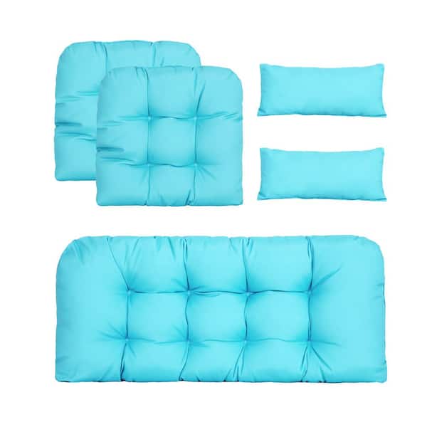 BLISSWALK Outdoor Settee Loveseat Bench Cushions w 2 Lumbar Pillows Set of 5 Wicker Tufted Cushions for Patio Furniture, Sky Blue