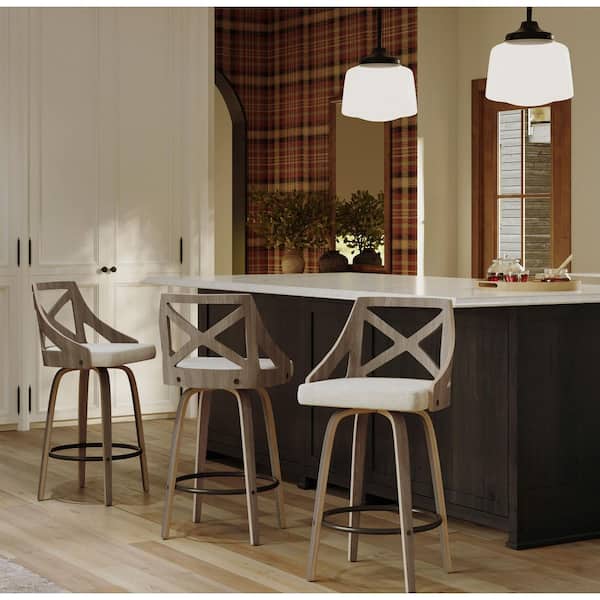 Charlotte 37 in. Cream Fabric, Light Grey Wood and Black Metal Fixed-Height Counter Stool  Round Footrest (Set of 2)