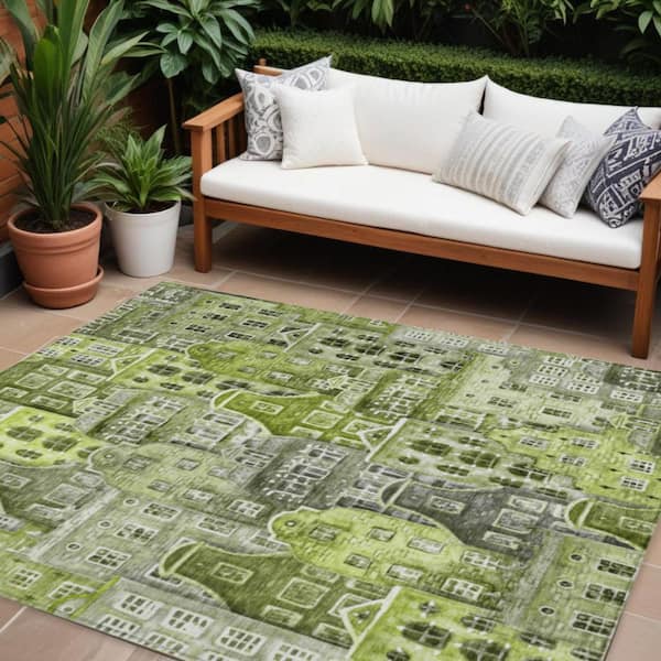 Green, Lime Green 9 ft. x 12 ft. Woven Geometric Polyester Rectangle Indoor/Outdoor Area Rug