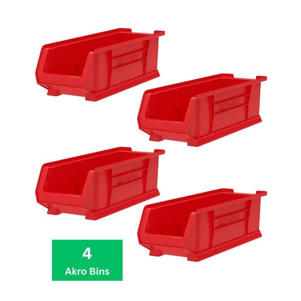 Akro-Mils 30284 Series, 8 1/4 in.W x 23 7/8 in.D x 7 in.H, Red Super-Size Plastic Stackable Storage Bins Hanging Organizer, 4-Pack