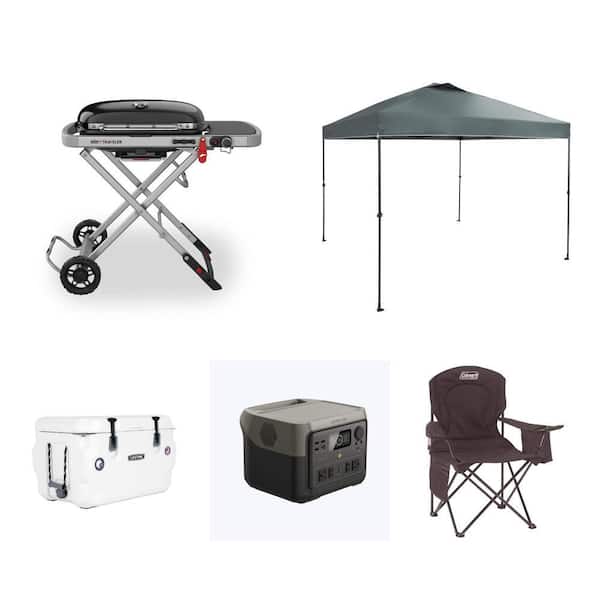 Portable Propane Grill, 500W/1000W Generator, 65 qt. Cooler, 10 ft. x 10 ft. Canopy Tent and Camping Chair Combo