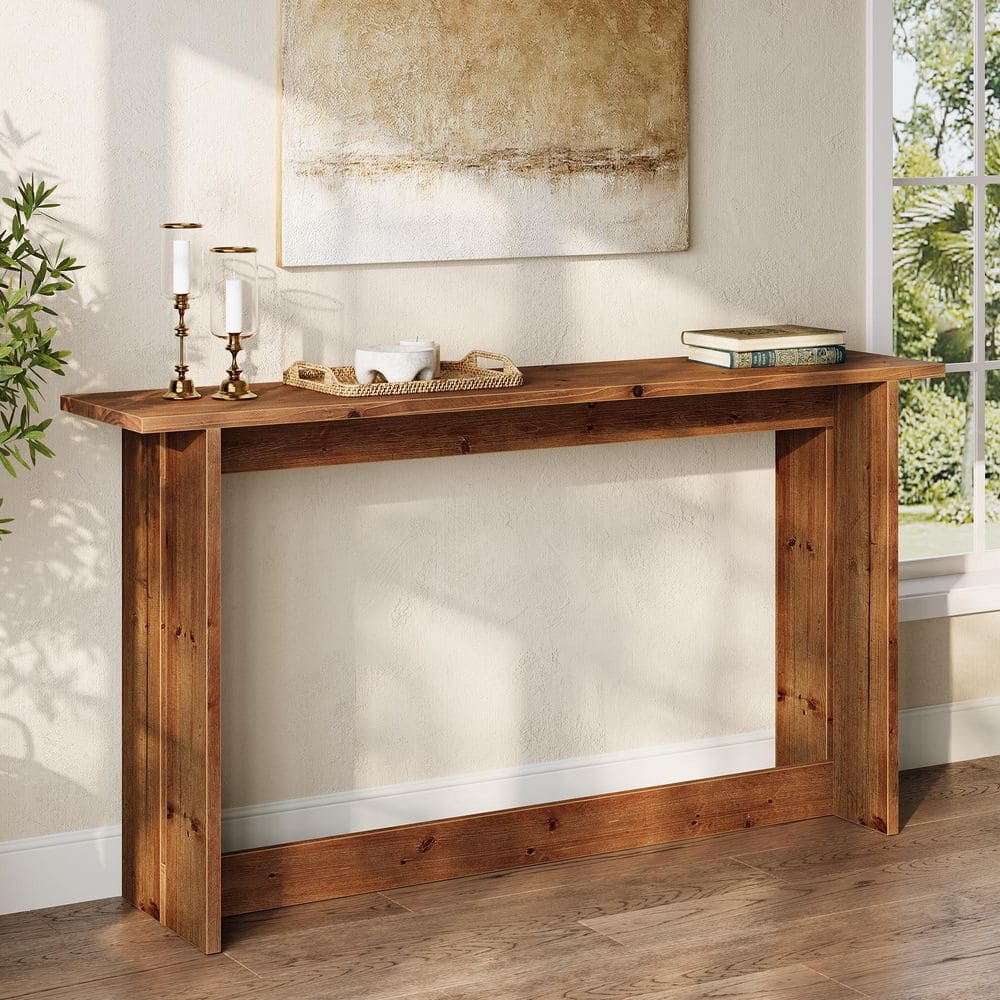 Farmhouse 63 in Brown Rectangle Solid Wood Console Table For Entryway, Living Room