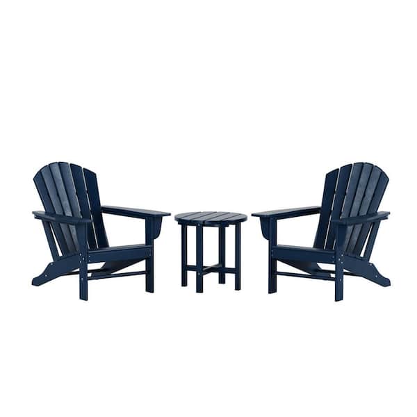 Mason Navy Blue 3-Piece Poly Plastic Outdoor Patio Classic Adirondack Fire Pit Chair Set With 2-Chairs and Side Table
