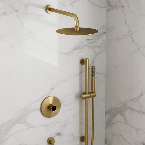Dual 2-Spray Wall Mount 10 in. Shower Faucet 2.5 GPM with Pressure Balance, Slide Bar in Brushed Gold Valve Included