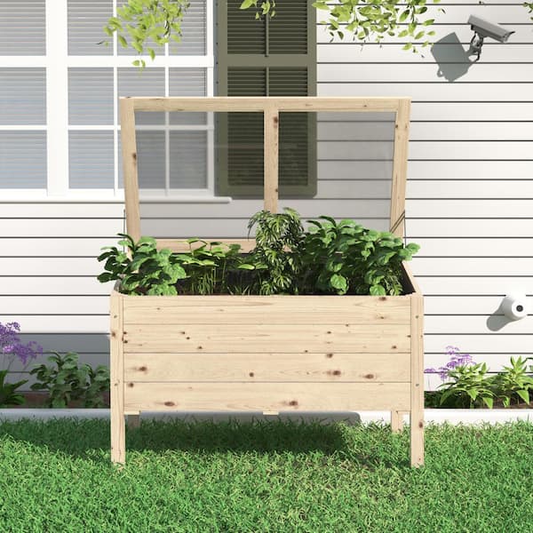 VEIKOUS 48 in. W x 28 in. D x 33 in. H. Raised Garden Bed with Polycarbonate Lid Raised Planter Box with Liner, Natural