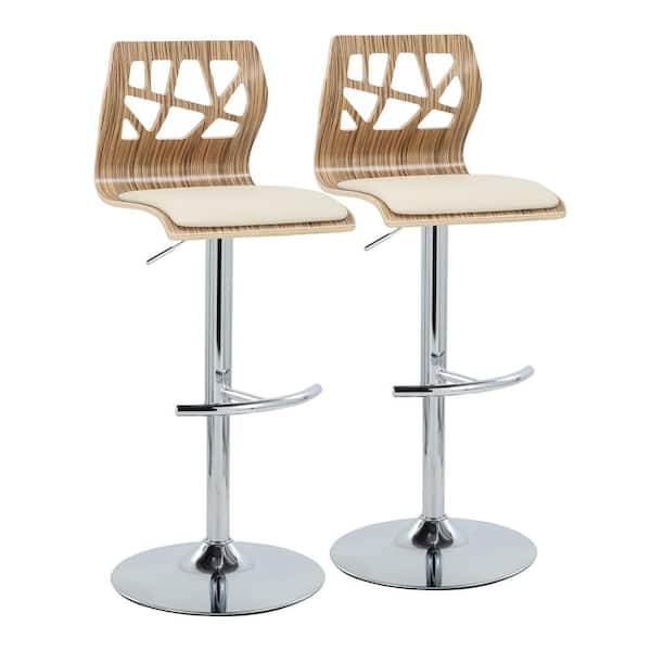 Lumisource Folia 32.5 in. Cream Faux Leather, Zebra Wood and Chrome Metal Adjustable Bar Stool (Set of 2)