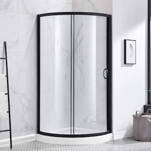 Breeze 32 in. L x 32 in. W x 76.97 in. H Corner Shower Kit with Clear Framed Sliding Door in Black and Shower Pan