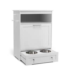 Pet Feeder Station with Pet Food Storage Cabinet, Stainless Steel Dog Bowl in White