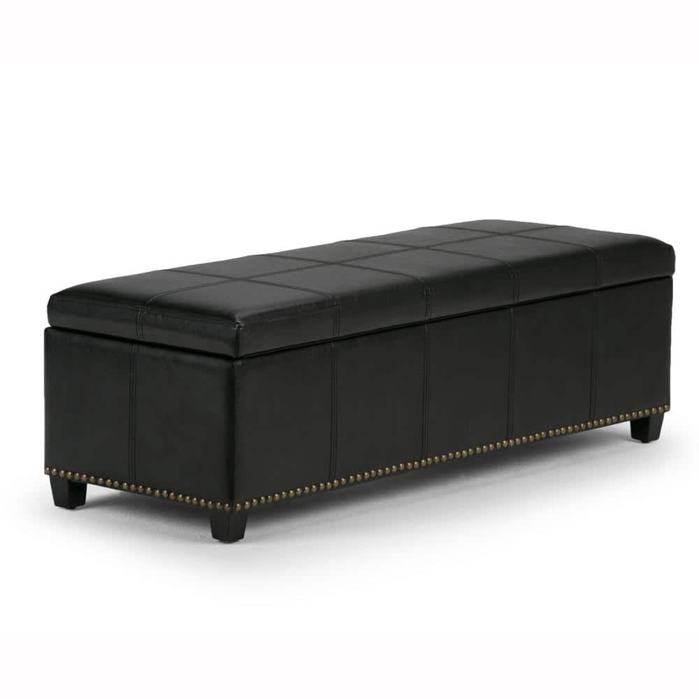 Midnight Black Bonded Leather Large Rectangular Storage Ottoman Bench
