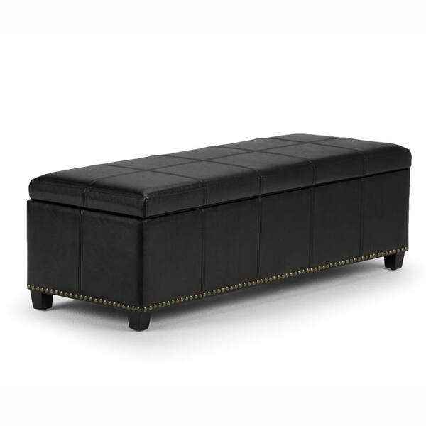 Simpli Home Kingsley 48 in. Transitional Storage Ottoman in Midnight Black Bonded Leather