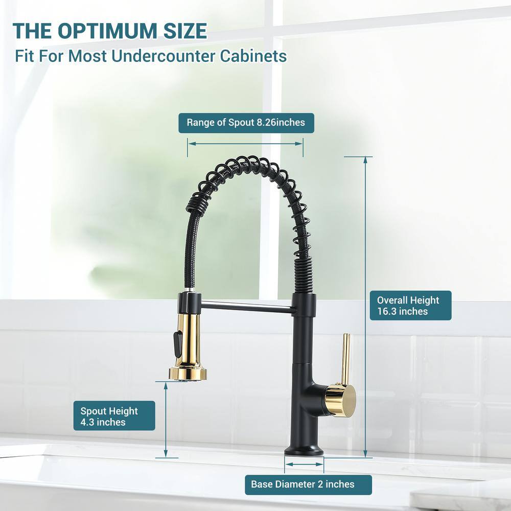 Matte Black and Polished Gold Pull Down Kitchen Faucet with Spray
