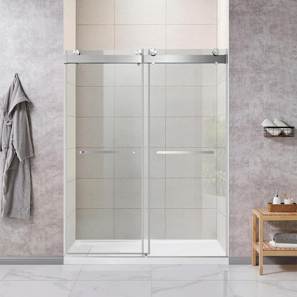 ANGELES HOME 56 to 60 in. W x 76 in. H Double Sliding Frameless Shower Door, Soft-Close, 3/8 (10mm) Tempered Glass in Brushed Nickel