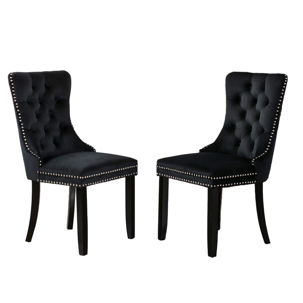 Black Solid Wood Velvet Upholstered Dining Chair with Nailhead Trim ...