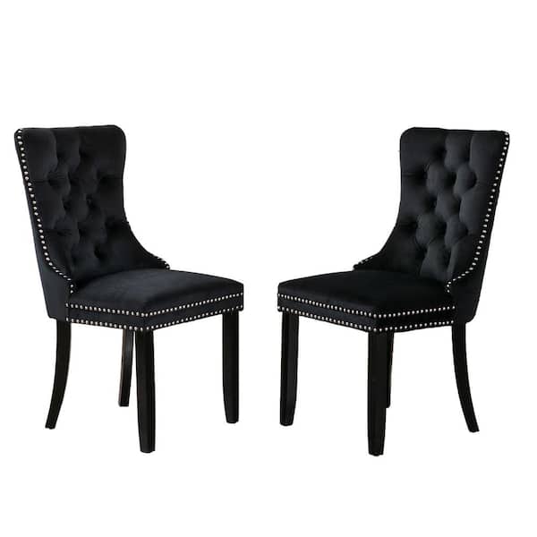 Unbranded Black Solid Wood Velvet Upholstered Dining Chair with Nailhead Trim (Set of 2)