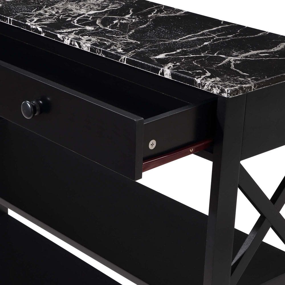 Oxford Black Faux Marble Console Table with X-Pattern Storage