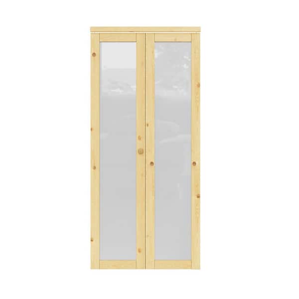 36 in. x 80 in. 1-Lite Frosted Glass Solid Core Unfinished Pine Glass Interior Closet Bi-fold Door with Hardware