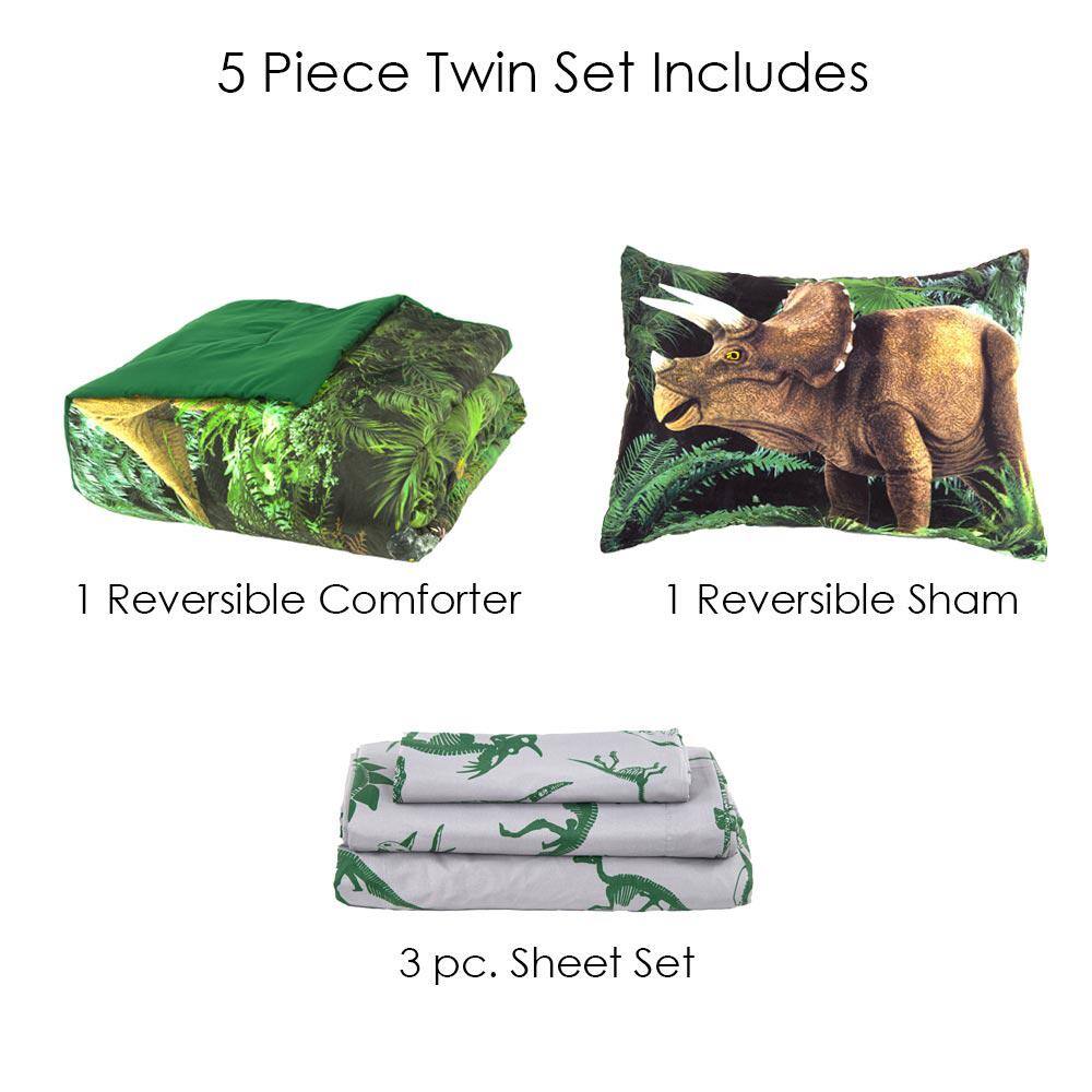 Twin Green Dinosaur Forest Microfiber Bed Set