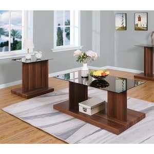 Cricket 2-Piece 47.25 in. Black and Dark Walnut Rectangle Glass Coffee Table Set