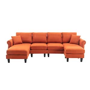 108 in. W Fabric Seat 2-Arms 4-Piece L Shaped Sectional Sofa in Orange with Removable Ottoman and Wood Legs