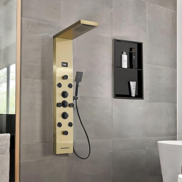 Dual 6-in-One 8-Jet Shower Panel Tower System with Rainfall and Waterfall Head in Black and Gold, Massage Body Jets