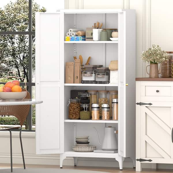 65 in. White Steel Kitchen Storage Cabinet, 4-Tier Bookcase w/ Adjustable Shelves for Dining Area, Bedroom and Office
