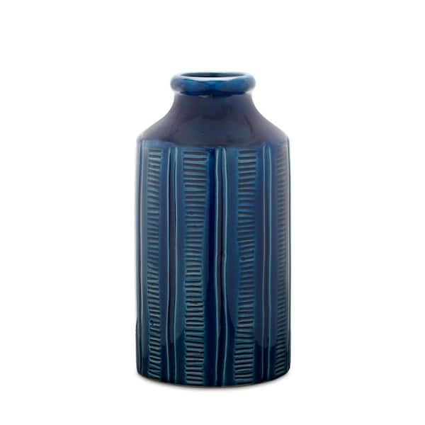 HomeRoots 10.5 in. Blue Terra Cotta Round Decorative Vase