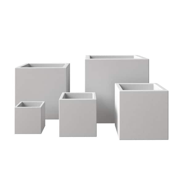 Fern 5-Piece Fiberstone and MGO Clay Planter Set, Modern Square Planter Pot for Indoor and Outdoor (White)