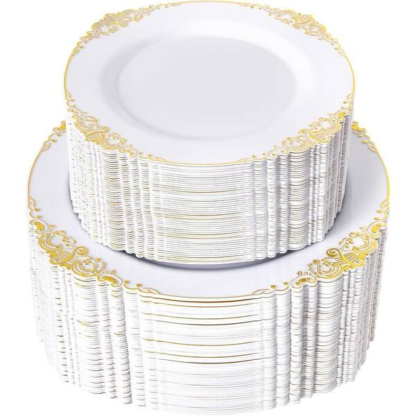 White and Gold Rim Fancy Heavy-Duty Plastic Disposable Dinner and Dessert Plates for Weddings (200-Piece)