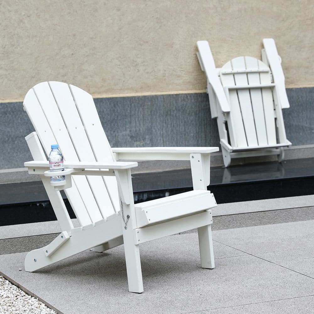 White Folding Plastic Adirondack Chair With Cup Holder (2-Pack