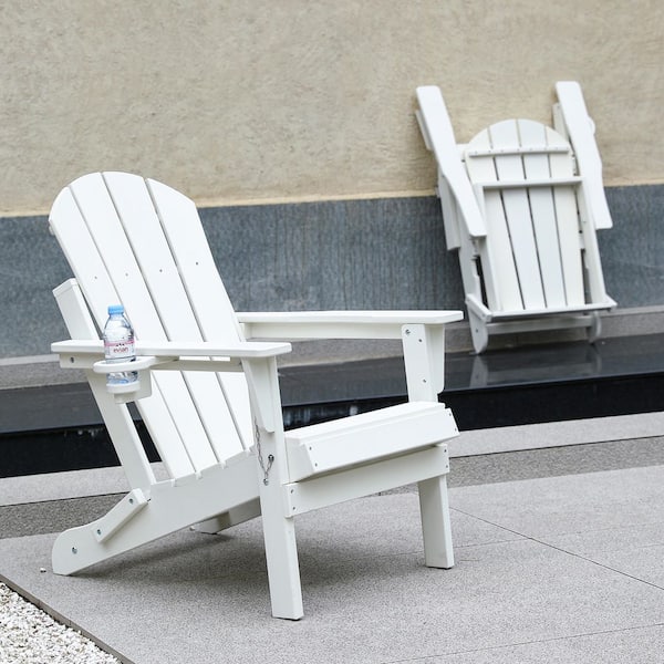White Folding Plastic Adirondack Chair With Cup Holder (2-Pack