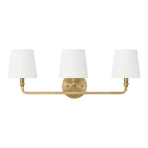 Canterwood 24.88 in. 3-Light Brass Bathroom Vanity Light Fixture with Tapered Fabric Shades