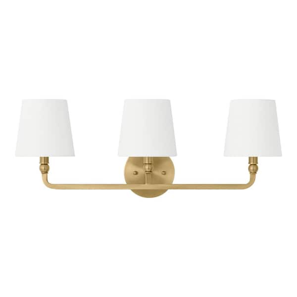 Hampton Bay Canterwood 24.88 in. 3-Light Brass Bathroom Vanity Light Fixture with Tapered Fabric Shades