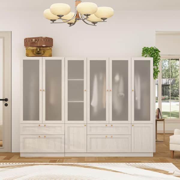 Light Oak Wood 94.5 in. Bedroom Armoire with Frosted Glass Doors, Hanging Rod, Jewelry Organizer Drawers
