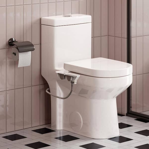 Compact Toilet Combo Dual Flush 1.1/1.6 GPF in White with Warm Water Bidet Attachment, 3 Cleaning Modes & Guard
