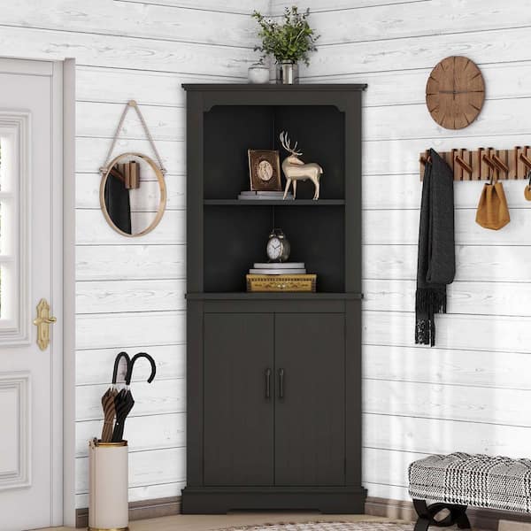 Unbranded Black MDF 69.3 in. Tall Corner Cabinet Mid-Century Storage Cabinet Corner Bar Cabinet Kitchen Corner Hutch