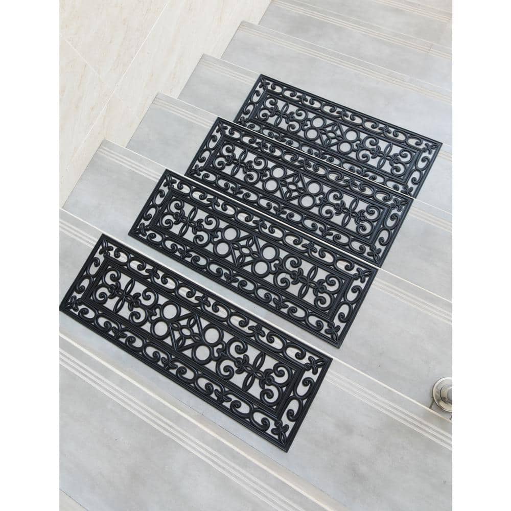 Black Scrollwork Rubber Anti-Slip Stair Tread Mats, Set of 4