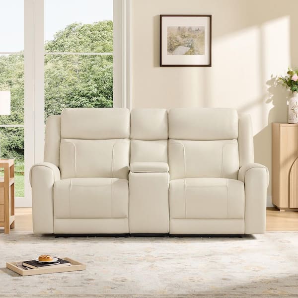 Carter 74.02 in. Dual Motors Wall Hugger Leather Power Reclining Sofa in Cream with Cup Holders, Pockets, Console
