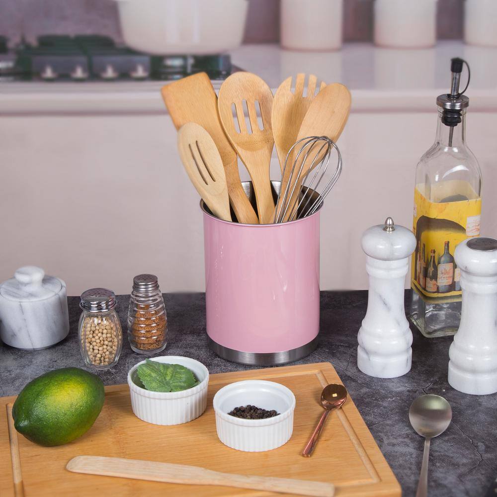 Pink Stainless Steel Cylinder Utensil Holder with Weighted Base