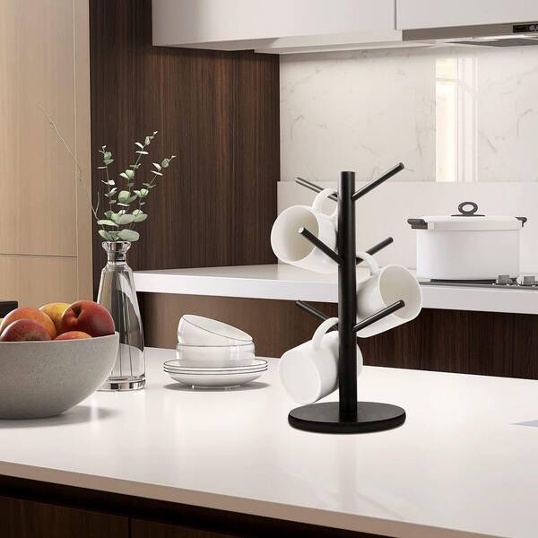 Wooden Coffee Mug Holder Tree with 6 Hooks, Sturdy Countertop Cup Organizer Stand, Black
