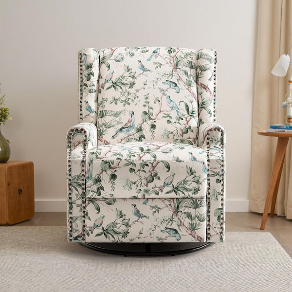 Bird Pattern Linen Swivel Upholstered Metal Base Recliner with Manually Adjustable Backrest (Set of 1)