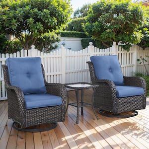 Brown 3-Piece Wicker Patio Conversation Deep Seating Set with Blue Cushions All-Weather Swivel Rocking Chairs