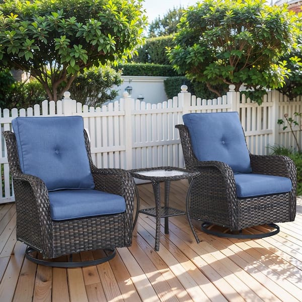 Pocassy Brown 3-Piece Wicker Patio Conversation Deep Seating Set with Blue Cushions All-Weather Swivel Rocking Chairs